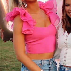 Zara Pink Ruffled Sleeve Crop Top